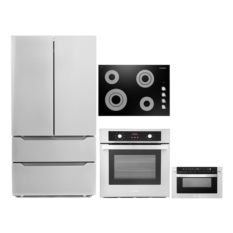 Cosmo 4 Piece Kitchen Appliance Package with French Door Refrigerator 30'' Electric Cooktop Microwave Drawer