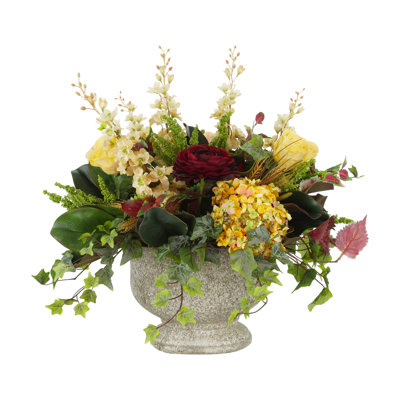 Delphinium, Roses And Hydrangea Arrangement In Gray Stone Planter
