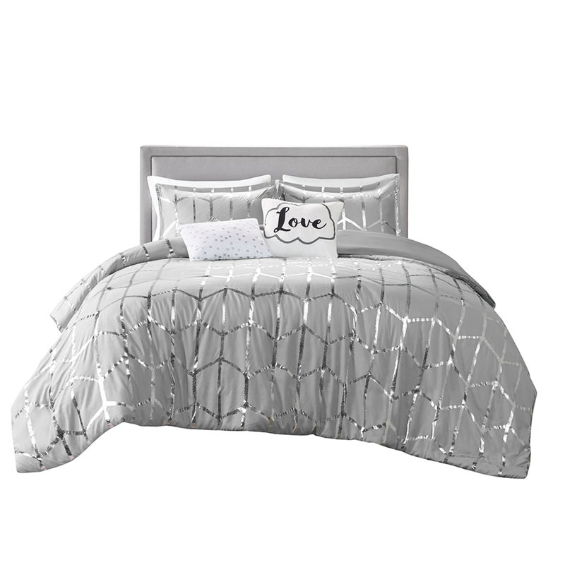 Édredon élégant / double avec tissu carré gris et argent à imprimé tonnerre, Édredon double/grand + 4 pièces additionnelles