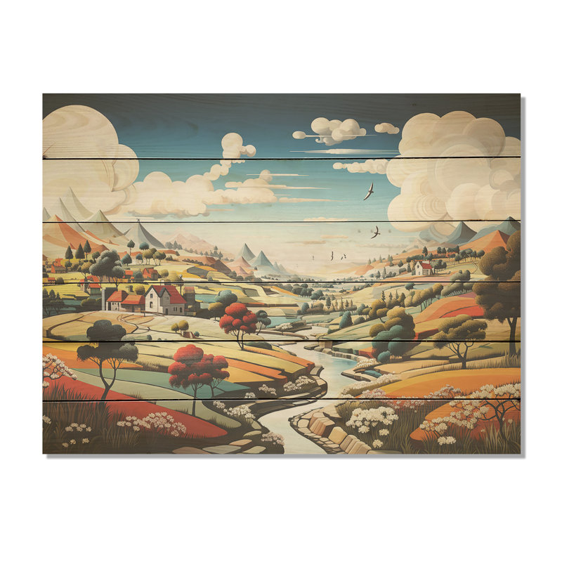 De Stijl Style County Side - Art mural en bois campagne sur bois de pin naturel, H 10 po x l 20 po