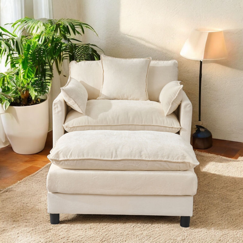 39.3" W Upholstered Accent Armchair With Ottoman, Beige