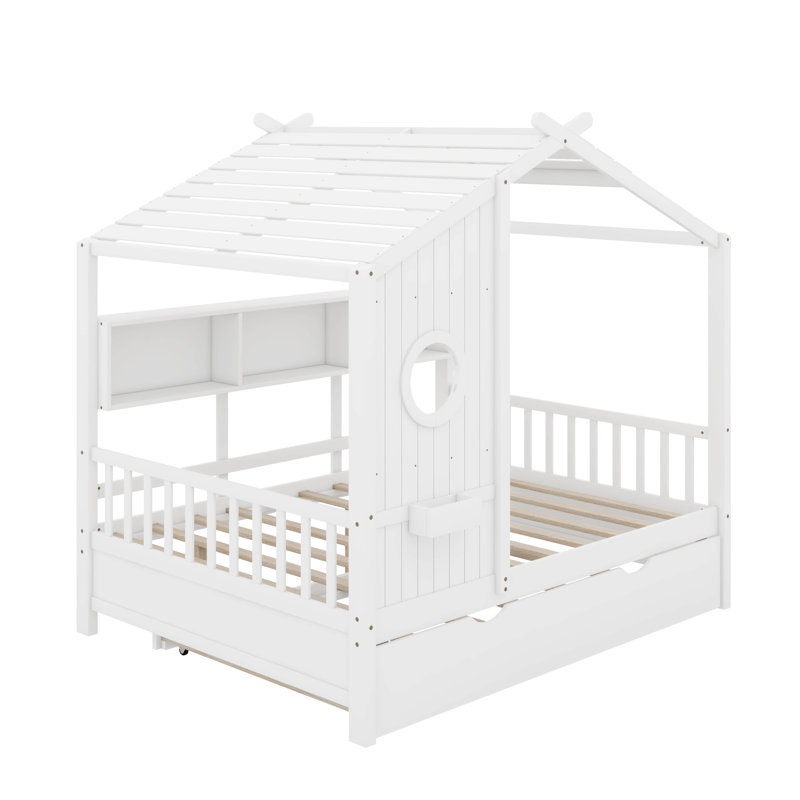 Lit avec lit gigogne Asahn, Lit double, Blanc
