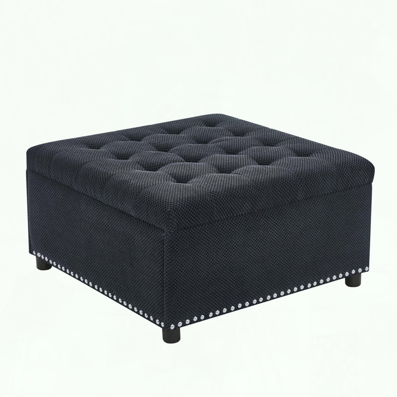 Square Storage Ottoman with Tufted Design and Nailhead Trim, Black