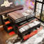 Lit double mezzanine double avec bureau coulissant, lit gigogne simple, marches de rangement et tiroirs, lit poste de travail de jeu - noir et rouge-130135648-130135650