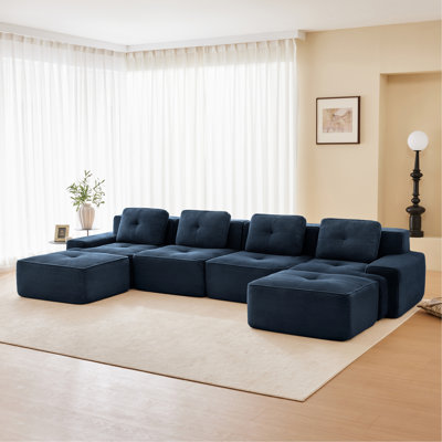 Canapé modulaire moderne en forme de U pour le salon, tissu en velours côtelé, canapé à 4 places avec siège profond et repose-pieds à 2 po, passepoil perlé, conception capitonnée, sans assemblage, conception antidérapante