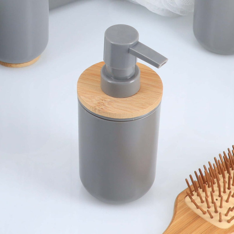 Gray and Bamboo Soap and Lotion Dispenser with Natural Top