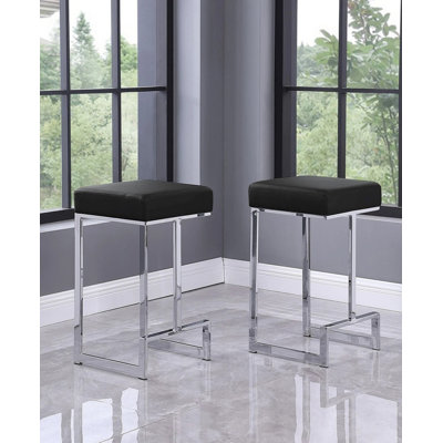25"h Set Of 2 Counter Height Stools – Backless & Foam-padded – Faux Leather With Silver Stainless Steel Base – For Kitchen Island/bar/counter