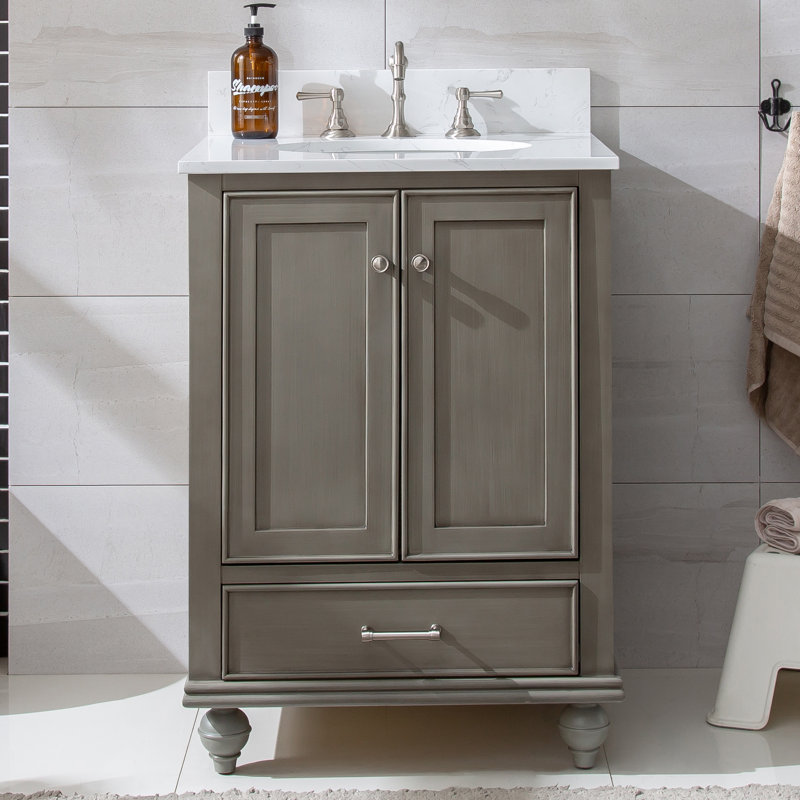 Angelissa 24" Single Bathroom Vanity Set, Silver Gray/Brushed nickel, Carrara White Engineered Stone