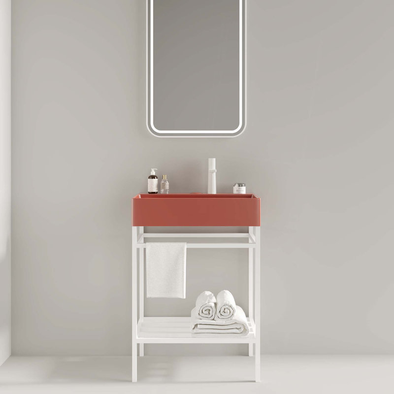 Meuble-lavabo pour salle de bain avec lavabo en céramique, ensemble de lavabo console autoportant, lavabo en céramique rectangulaire sans robinet, pieds en métal ouverts, tablettes de rangement