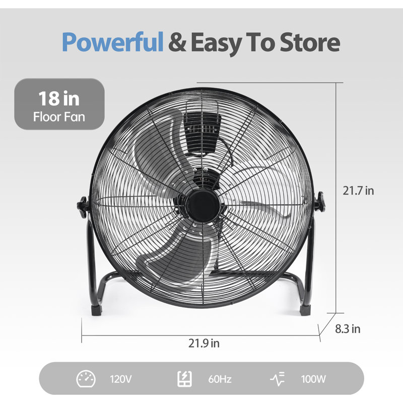 Ventilateur de plancher 18 po en métal haute vitesse, circulateur d'air froid industriel à 3 vitesses avec inclinaison réglable de 120 °