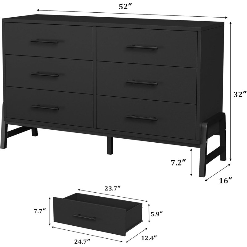 6 Dresser for Bedroom, 52 in Wide Drawer with Large Storage Space, Freestanding Wooden Closet Storage Dresser Chest for Living Room, Bedroom, Entryway