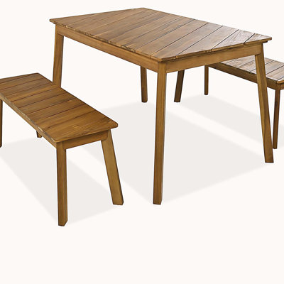 3 Pieces Acacia Wood Table Bench Dining Set For Outdoor & Indoor Furniture With 2 Benches, Picnic Beer Table for Patio, Porch, Garden, Poolside