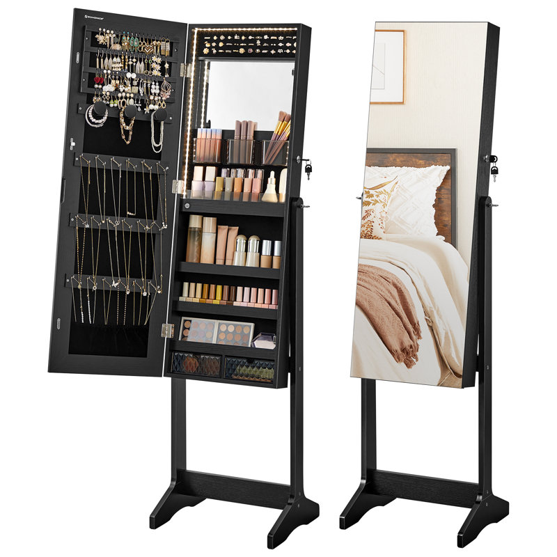 Armoire pour bijoux avec miroir autoportante Aganlane, Lumières DEL noires