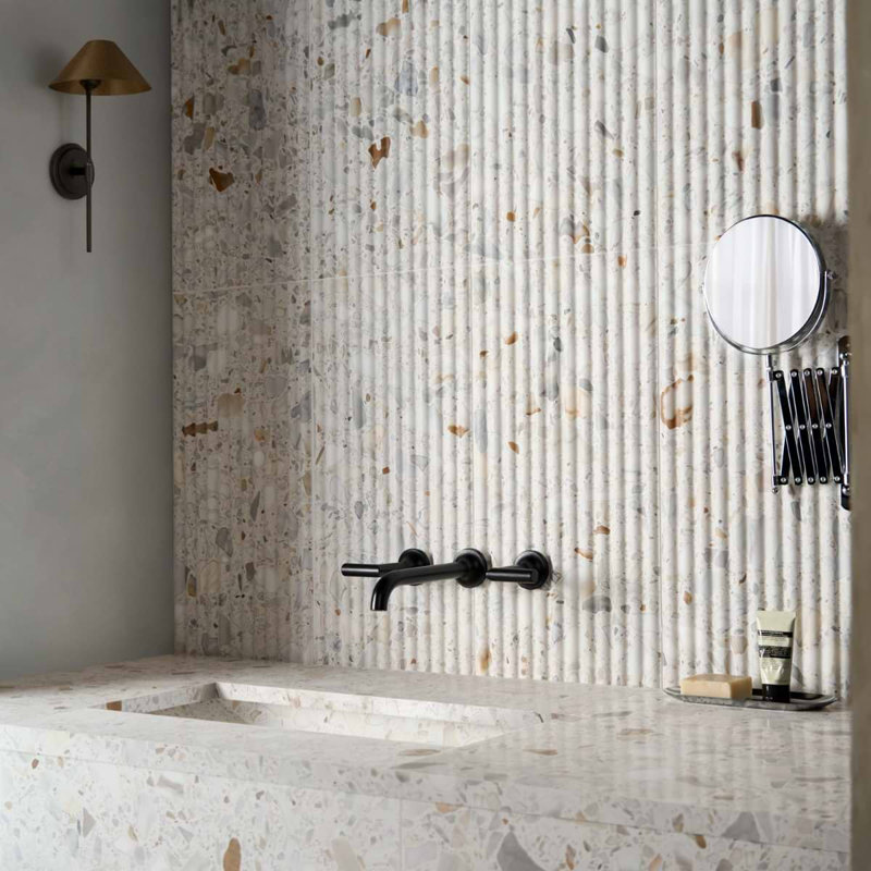 Terrazzo Italy Fluted 12x24 Honed Terrazzo Tile, Sacra Calacatta White
