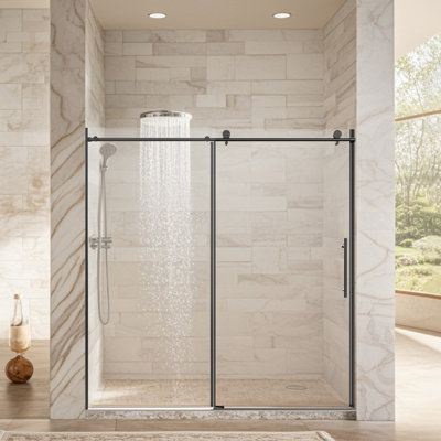 68-72" Adjustable Frameless Single Sliding Shower Door 76" H  Matte Black Reversible Shower Enclosure with 3/8" SGCC Tempered Glass
