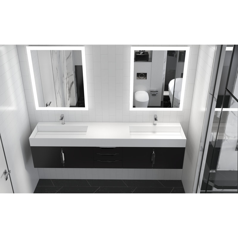 84" Amazon Double Bathroom Vanity with Top, White, Black, Chrome