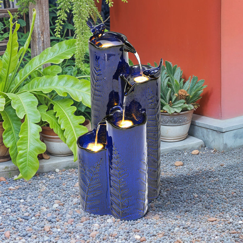 32"H 4-Tier Vase Ceramic Outdoor Fountain with LED Light, Bleu cobalt
