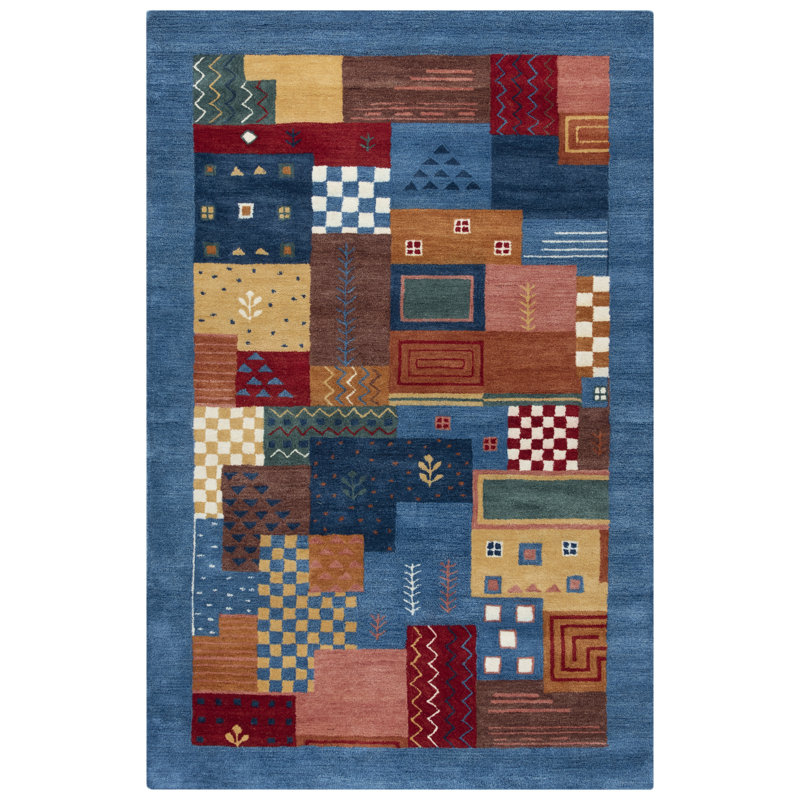 Tapis abstrait en laine touffeté à la main bleu foncé / brun / rouge, Rectangle 5 pi x 7 pi 6 po
