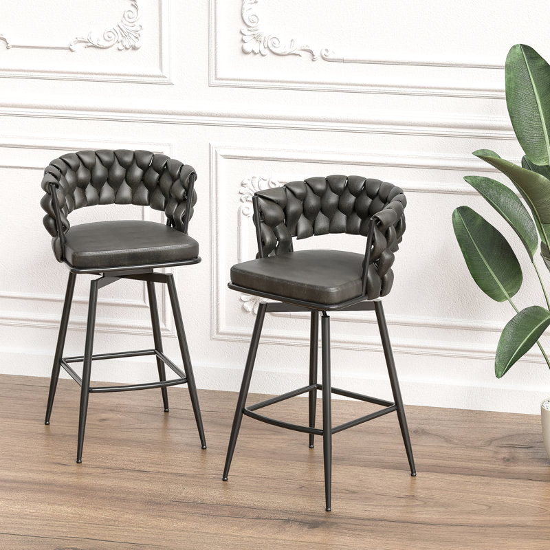 2 pièces, tabouret de bar tissé brun clair, pivotant sur 360 °, structure en métal robuste, tabouret de comptoir rembourré avec et repose-pieds pour îlot de cuisine de 2 tabourets de 28 po, cuir technique tressé. Brun clair, pivotant. Îlot à cadre doux