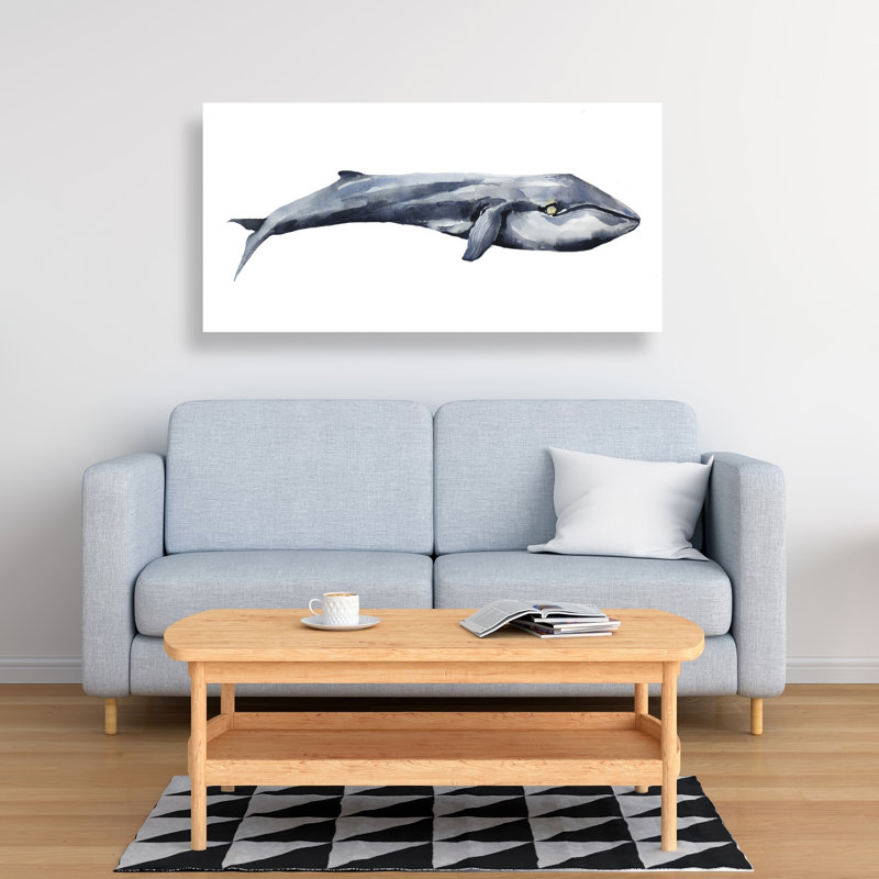 Aquarelle de baleine - art sur toile bleu pour la décoration intérieure, H 24 po x l 48 po