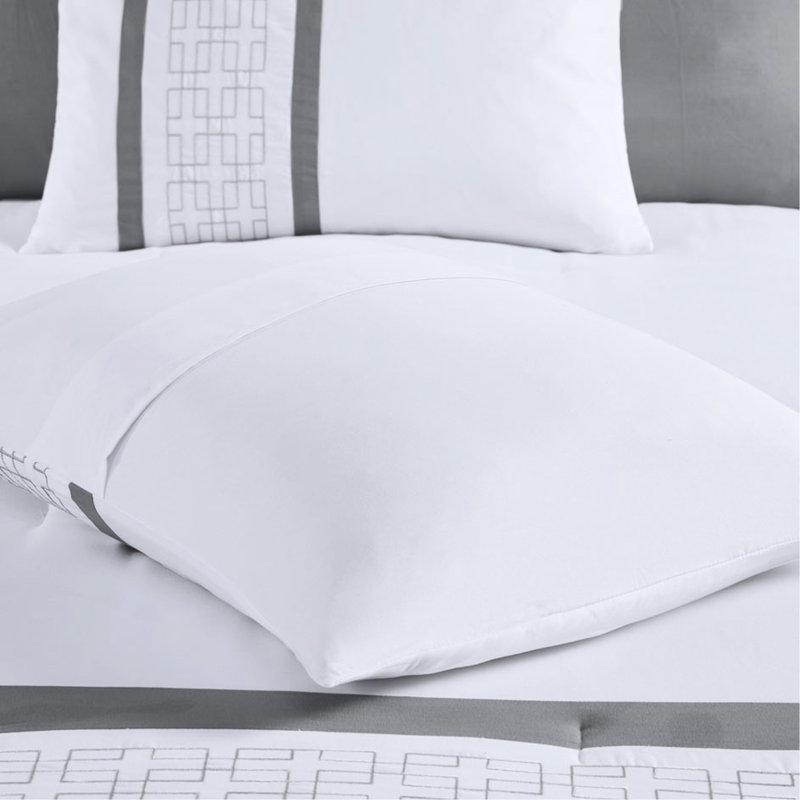 Édredon pour grand lit 8 pièces - Accents brodés blanc / gris de style hôtel, Édredon pour grand lit + 7 pièces supplémentair