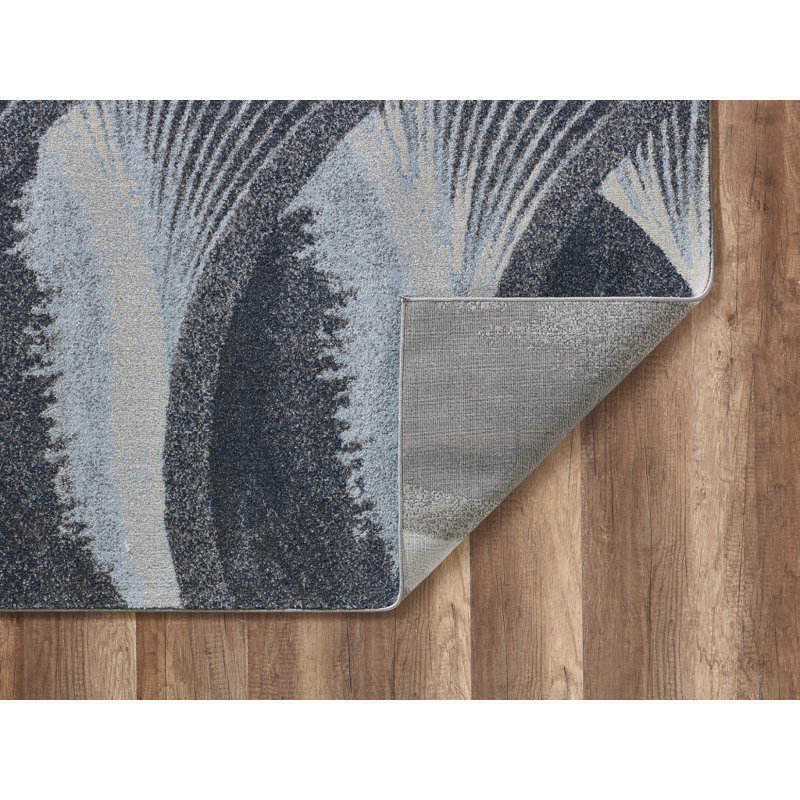 Tapis gris et bleu à vagues abstraites modernes, Rectangle 8 pi x 11 pi