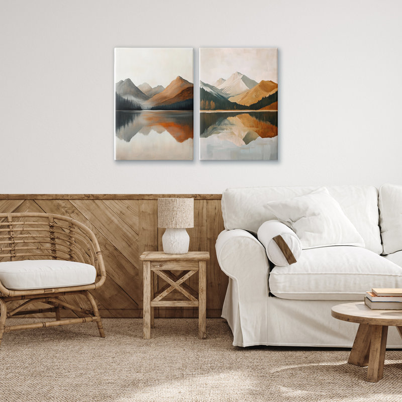 Ensemble de 2 toiles terracotta reflets montagnes et lac, design par Petal Prints Design, H 24 po x l 32 po