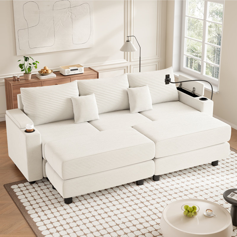 Canapé modulaire 4 pièces Demostene, Velours côtelé beige