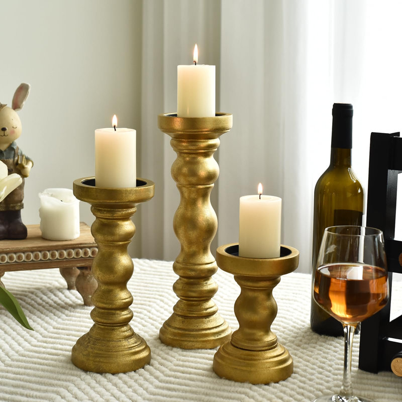Farmhouse Wood Pillar Candle Holder Set Of 3 For Candlestick, Gold