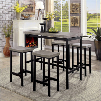 5 Pc Counter Height Table Set Two Tone Design Black Gray Dining Chairs Sturdy Metal Construction PVC Table Top Dining Room Furniture