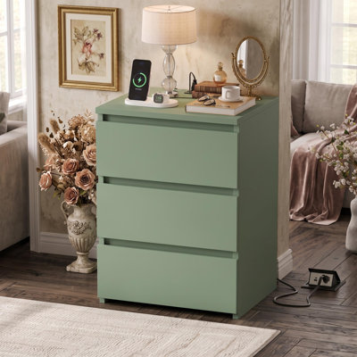 Tables de chevet 26 "avec prises et ports USB Arieyonna, vert, 3 tiroirs, vert