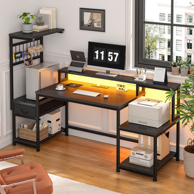 Gaming Desk With Hutch & Monitor Stand,Corner Computer Desk With LED Lights & Outlets For Home Office