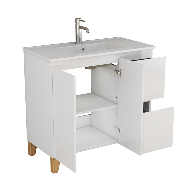 Meuble-lavabo autoportant de 36 po blanc brillant avec lavabo, 2 portes et 2 tiroirs, à fermeture en douceur, sans poignée, facile à assembler