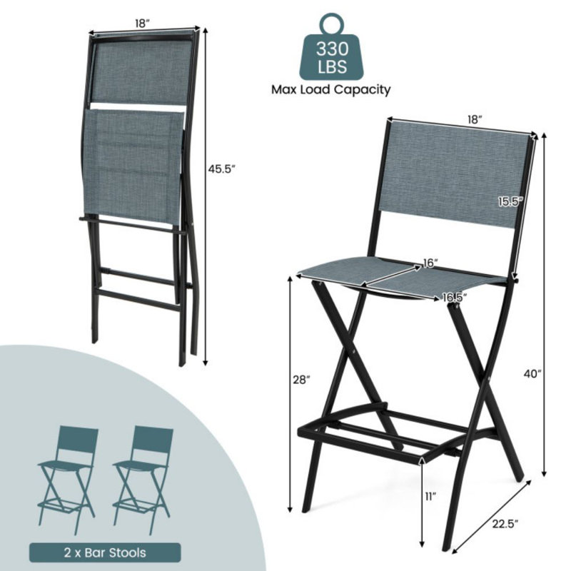 Folding Bar Stools Set Of 2 Backrest Humanized Footrest, Blue