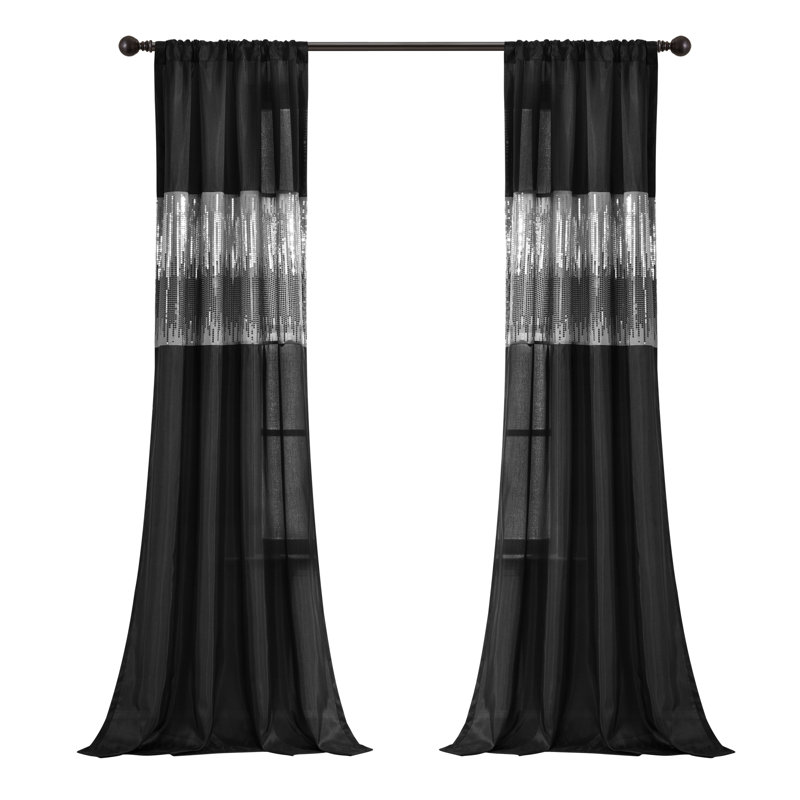 Black Faux Silk Light-Filtering Sequin Curtain Panel