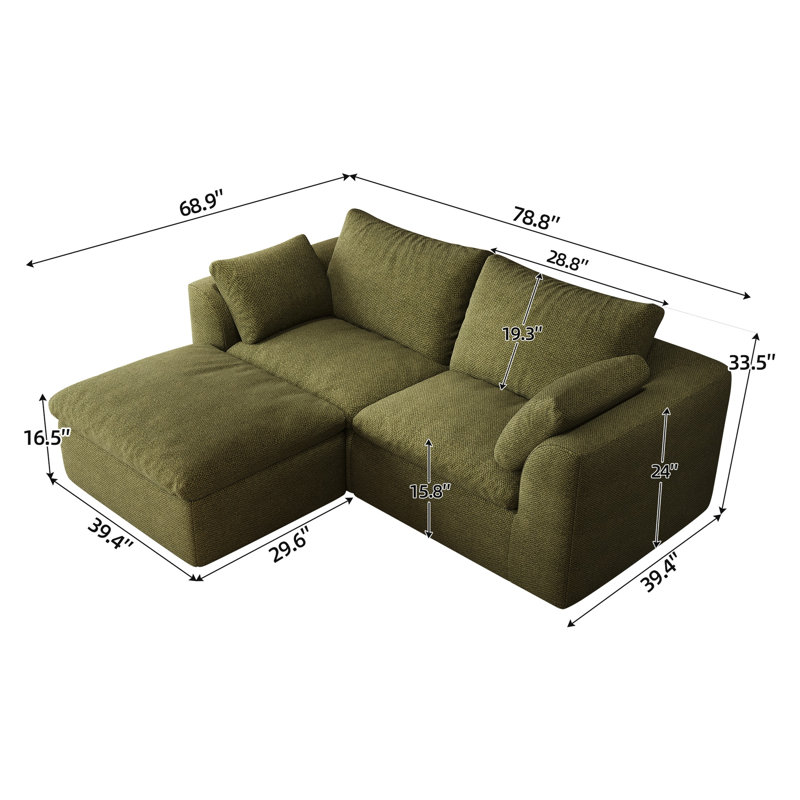 Canapé d'angle modulaire 3 places vert olive de 200 cm (78,8 po), méridienne simple, petit canapé d'appartement, comprimé sous vide