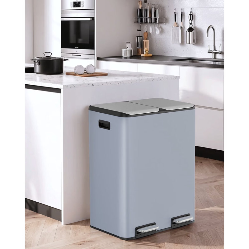 Poubelle à pédale en acier inoxydable à double compartiment 16 gallons, couvercle à fermeture douce, contrôle des odeurs, 2 seaux intérieurs, bac de recyclage à pédale et poignée latérale pour la maison et le bureau