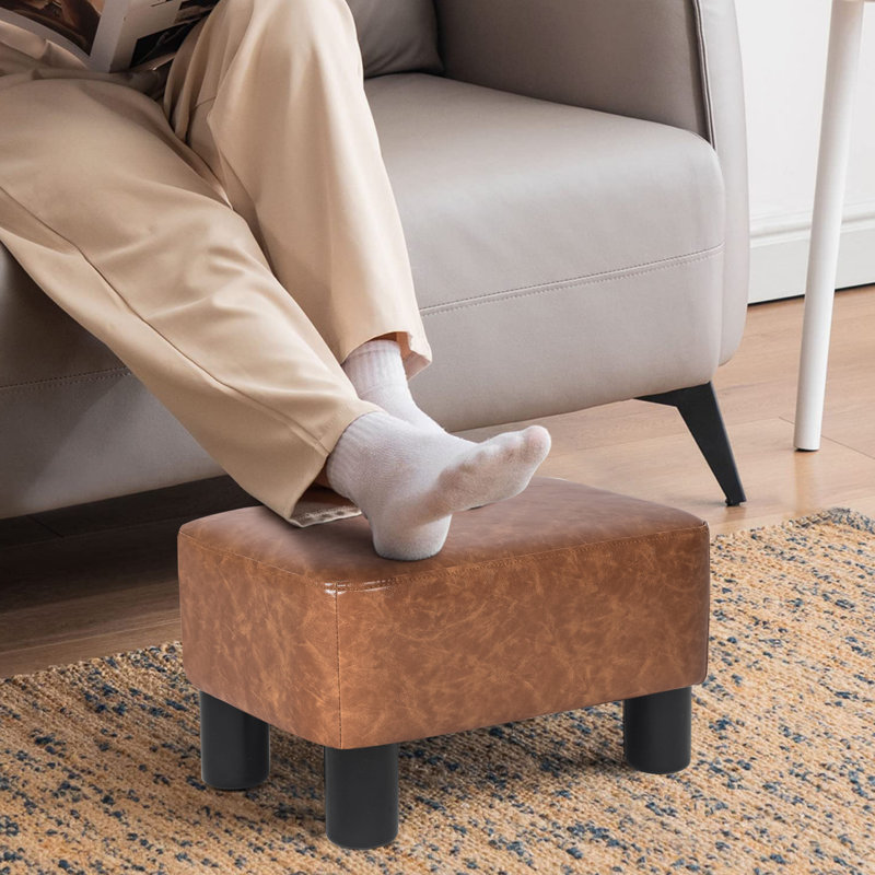Repose-pieds rembourré en similicuir de 15,6 pouces, pouf moelleux pour salon, Similicuir brun clair
