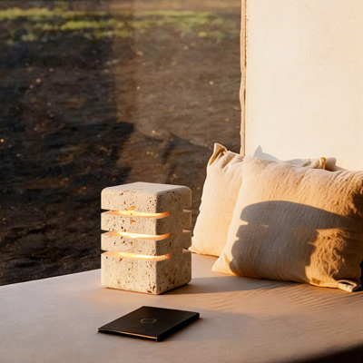 Lampe de table en pierre Travertine à DEL avec contrôle tactile / vibration, veilleuse rechargeable à intensité variable à 3 niveaux, lampe de chevet en pierre naturelle avec câble de charge USB