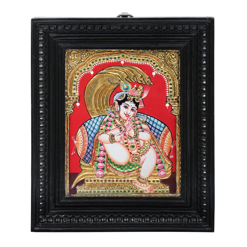 Krishna suçant son pouce, peinture de Tanjore | Couleurs traditionnelles avec or 24 carats | Structure en bois de teck
