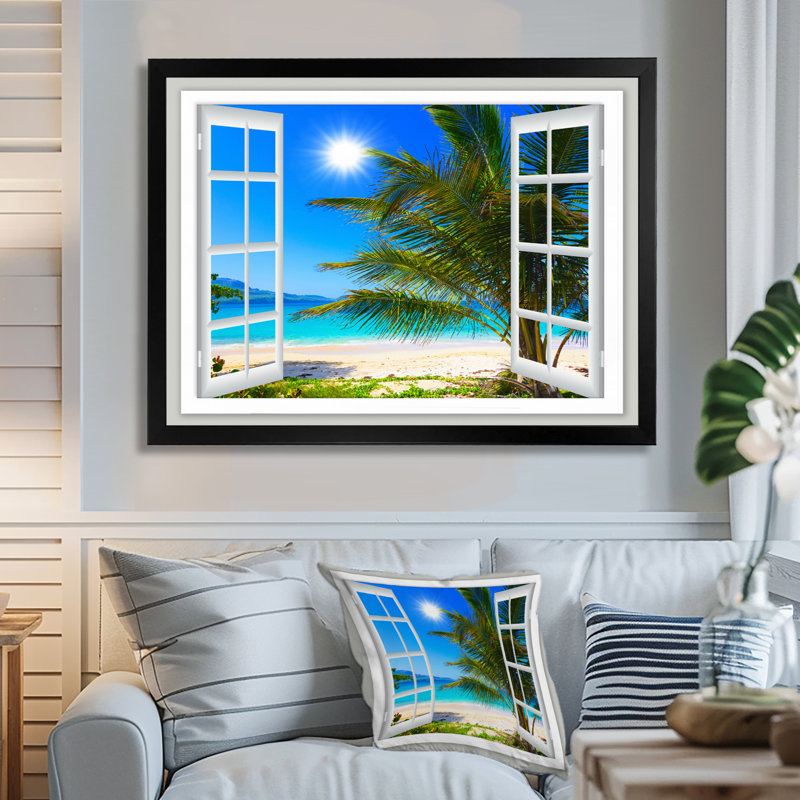 « Window Open to Beach with Palm » - impression d'art mural avec plage, impression sur toile avec plage et palmier, Noir