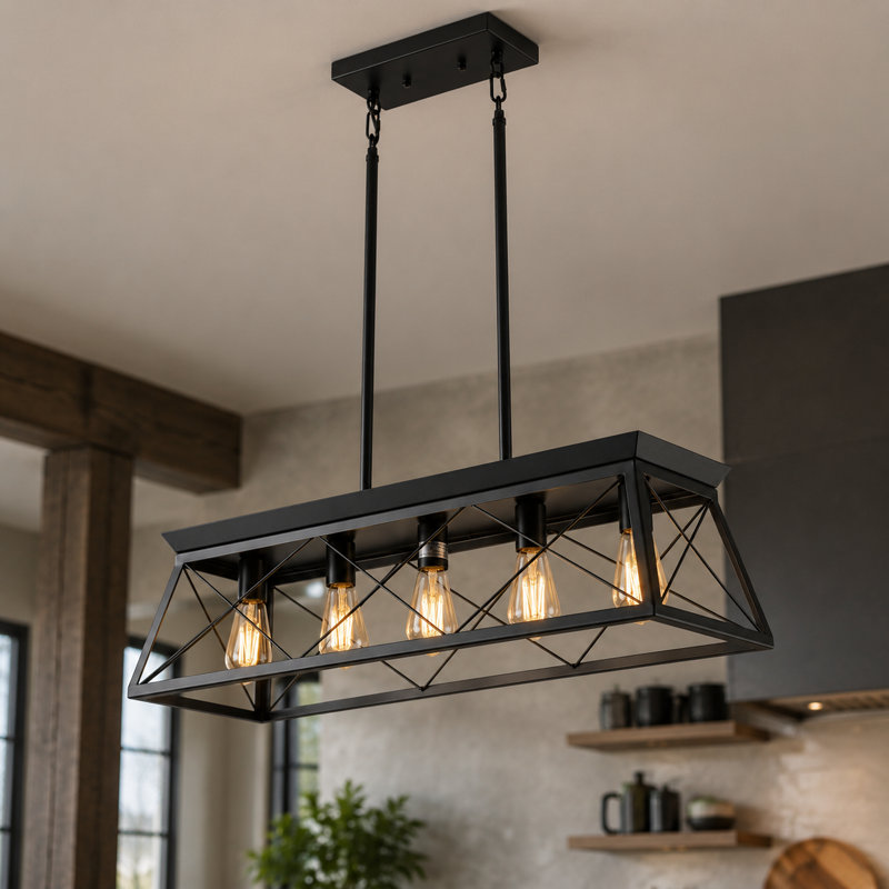 32-inch Black Industrial 5-Light Pendant Chandelier