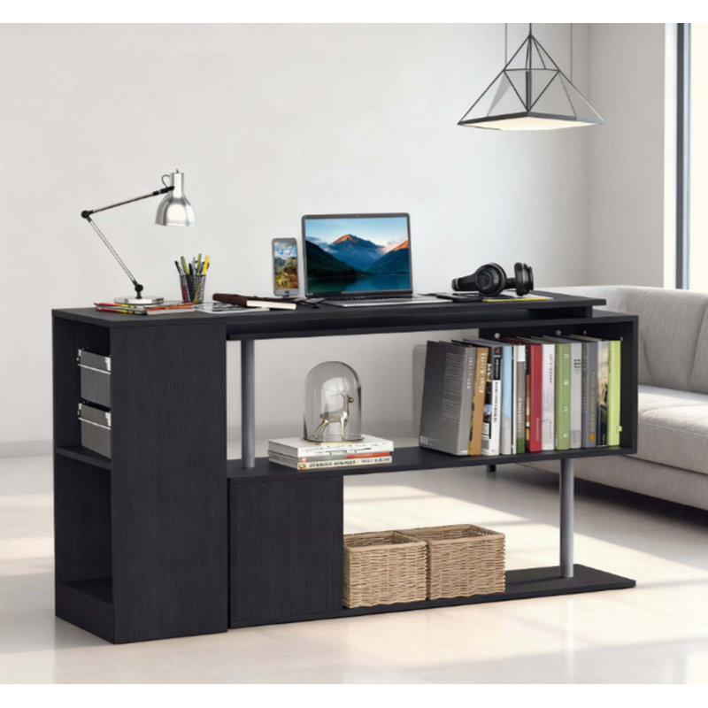 Bureau moderne en L avec tablettes de rangement à 3 niveaux, bibliothèque