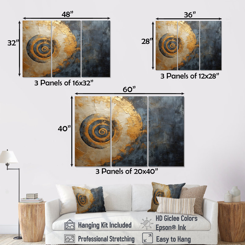 Golden Twilight Spiral III - ensemble d'art mural sur toile à spirales abstraites, H 28 po x l 36 po x P 1 po
