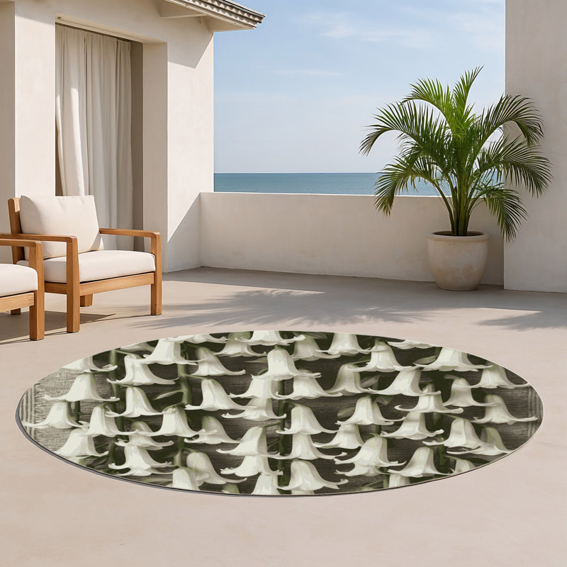 Tapis d'intérieur et d'extérieur gris Botanical, Rond 5 pi