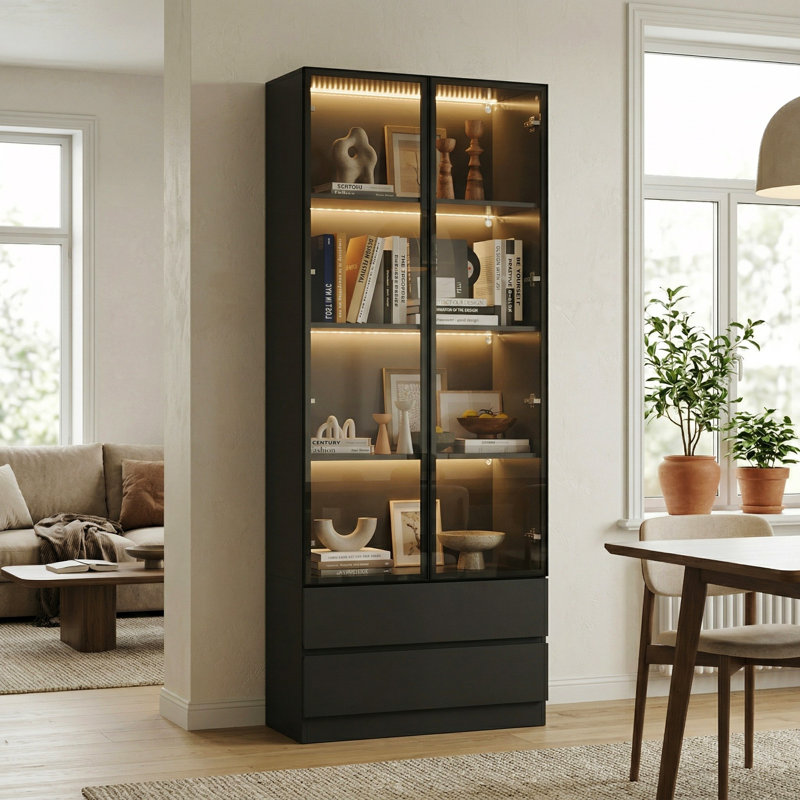 Display Cabinet With Adjustable Lights And Tempered Glass Door, Black