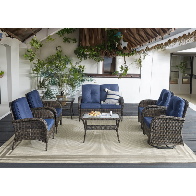 Ensemble de conversation en rotin et osier avec coussins, Structure brune / coussin bleu