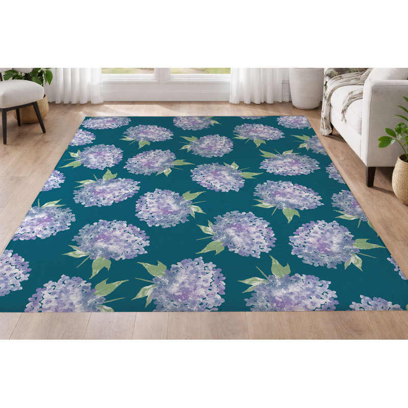 Tapis à profil bas Hydrangea Love, Sarcelle, Rectangulaire 3 pi x 5 pi