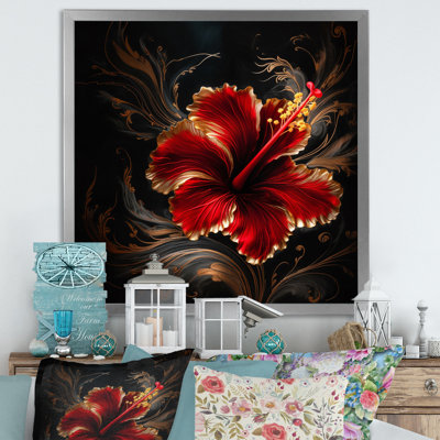 " Red Gorgeous Gilded Hibiscus On Black I "