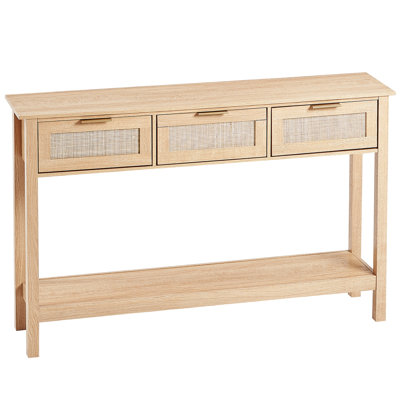 Table d'entrée naturelle, 3 tiroirs de rangement et utilisation multifonctionnelle, idéale pour le salon, la chambre à coucher ou le vestibule, panneau de particules en chêne, console stable avec plusieurs espaces, pieds
